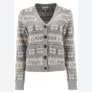 EUC- Ganni GREY LOGO WOOL MIX CARDIGAN Sz XXS